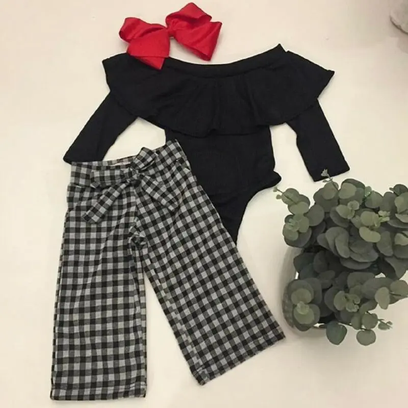 Emmababy Одежда для новорожденных и маленьких девочек 0-24 месяцев; комбинезон с оборками; широкие штаны в клетку; осенняя одежда