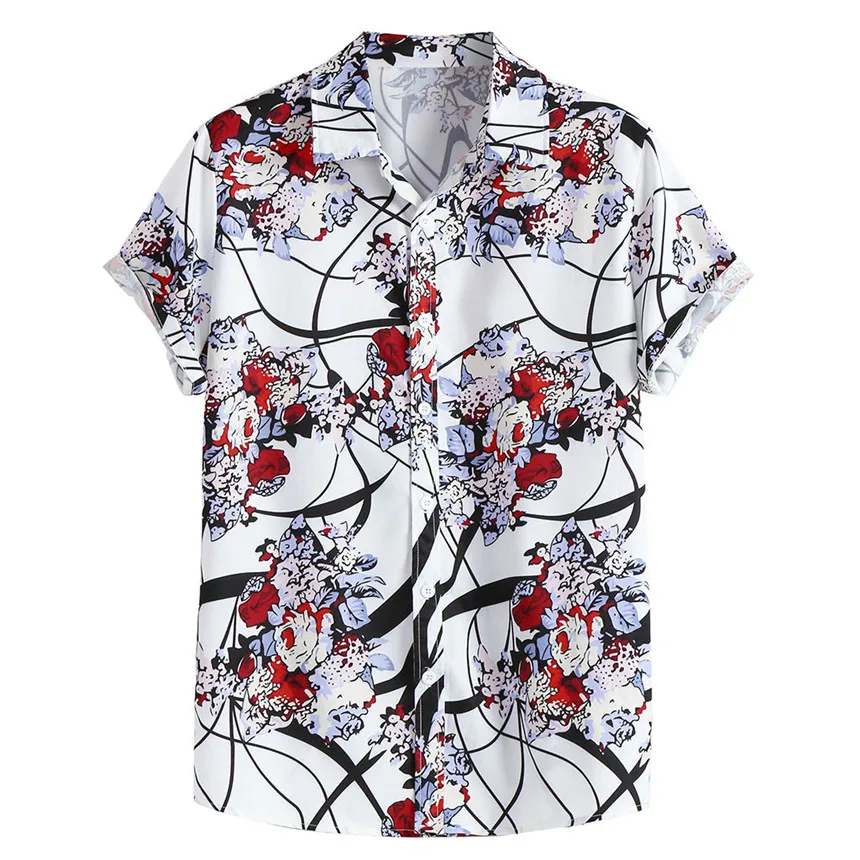 KLV Men's Fashion Casual Lapel Pattern Print Short Sleeve Shirt Top Blouse Beach Shirts Short Sleeve Summer Men Clothes