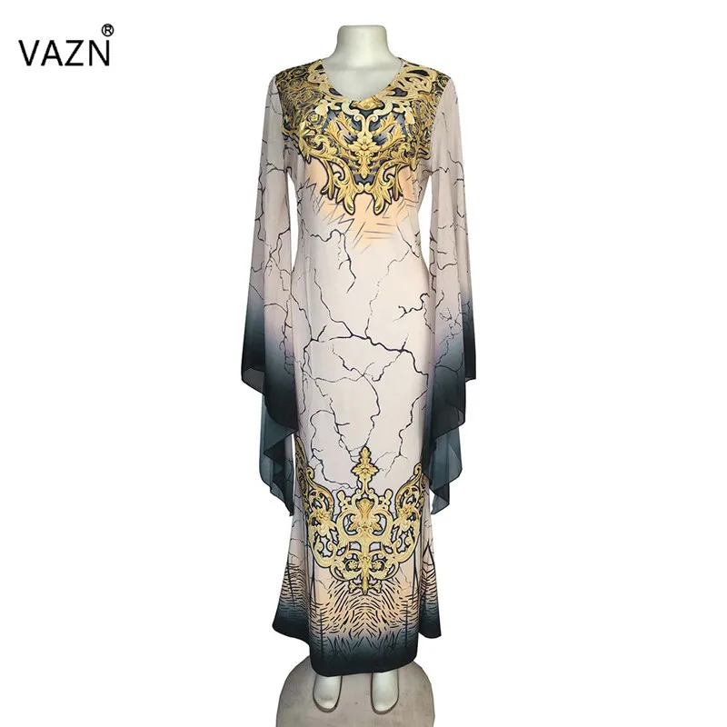 VAZN JN04 Fasion длинное платье макси с принтом «летучая мышь», с длинными рукавами, винтажное сексуальное длинное платье, Осеннее женское Повседневное платье