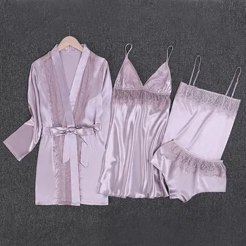 

Summer Pijama 4 Pieces Women Pajamas Sets Satin Sleepwear Silk Nightwear Pyjama Lace Bathrobe Sleep Lounge