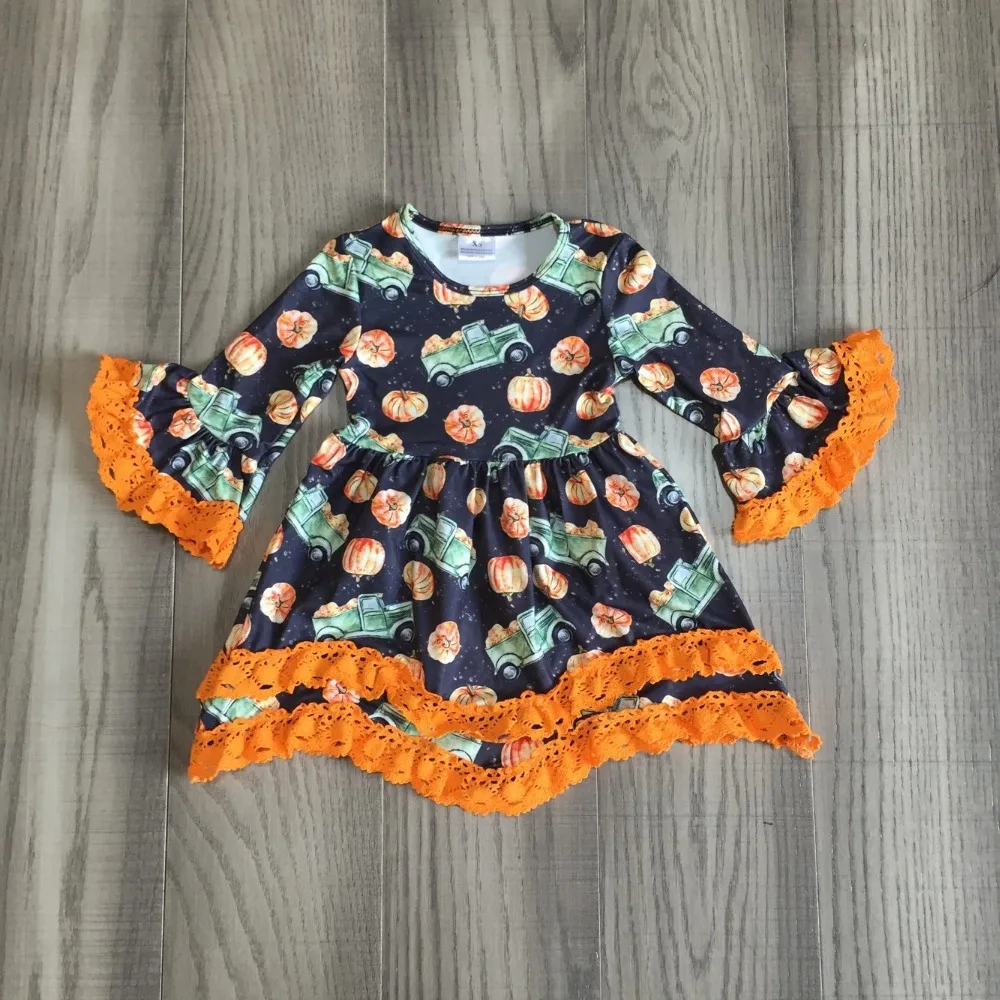 Осенне-зимнее Хлопковое платье с рисунком тыквы для маленьких девочек; оранжевая детская одежда; Эксклюзивная одежда до колена с длинными рукавами и оборками