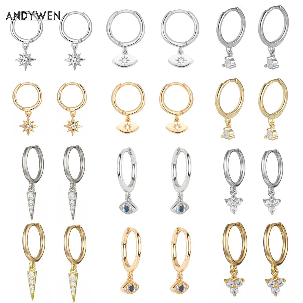 ANDYWEN 925 Sterling Silver Multi Dangle Hoops Crystal Thin Huggies