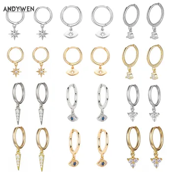 ANDYWEN 925 Sterling Silver Multi Dangle Hoops Crystal Thin Huggies With Charms Loops Circle Clips Earrings Jewelry For Womens