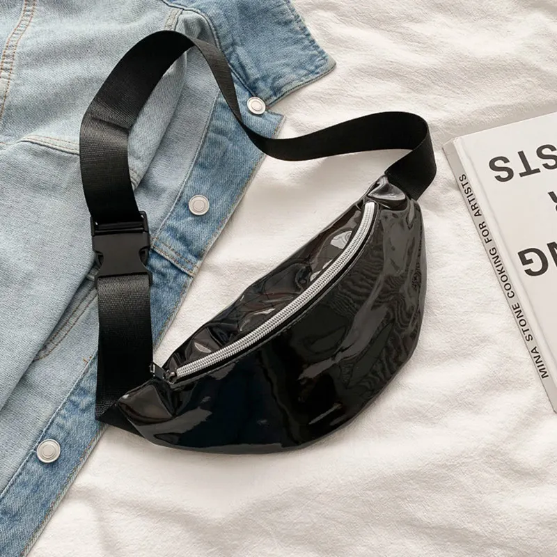 Черный Голографическая сумка на поясном ремне Для женщин лазерной Fanny Pack женские голограмма женских сумок с ромбическим узором из PU искусственной кожи, в стиле «Хип сумка на пояс для вечерние для ночного клуба на каблуке - Цвет: Черный