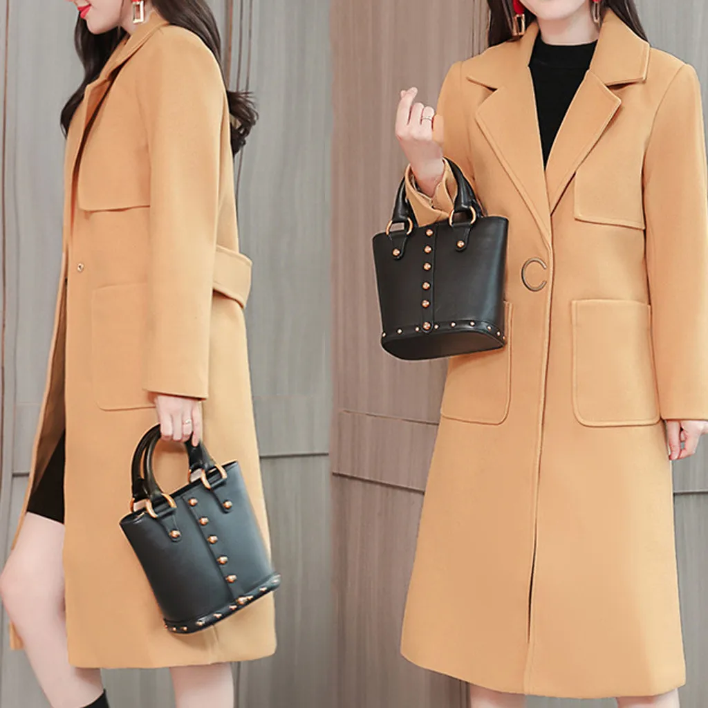 CHAMSGEND Long Winter Warm Wool Blends Coat women Turn-down Collar Adjustable Belt Wool Coats Women Elegant Casaco Feminino#4z