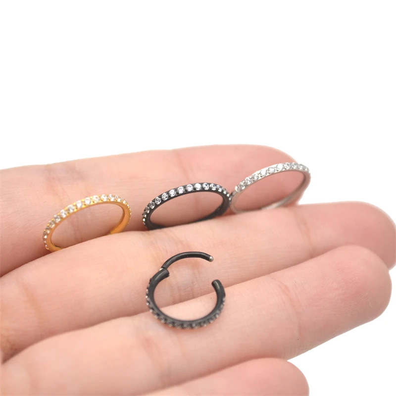 20G Clickers Hoop Nose Ring Earring Segment Crystal CZ Gem Popular Body Jewelry Surgical Steel Hinge Ear Helix Tragus Gold Color