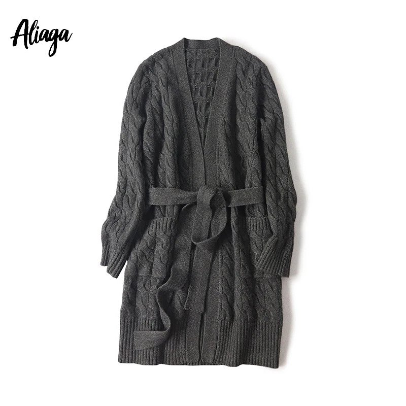 Aliaga чистый кашемировый кардиган пальто женский зимний кабель вязаный толстый v-образный вырез теплая верхняя одежда с карманом