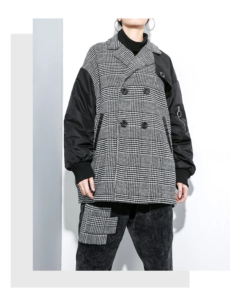 Новинка, корейский стиль, Женский Стильный Зимний клетчатый длинный пиджак, двубортный, размера плюс, женское теплое пальто, стильная верхняя одежда J212