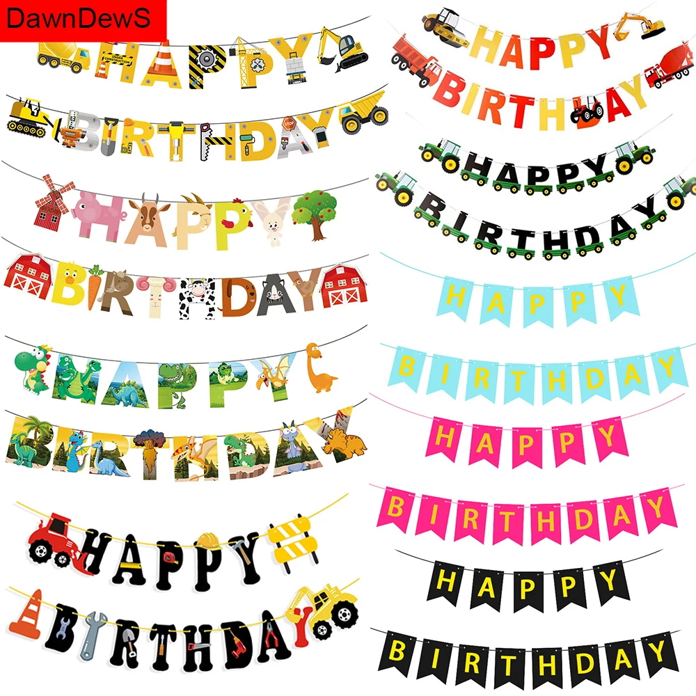 Cartoon Happy Birthday Banner Animal Dinosaur Jungle Party Hanging Garland Paper Adult Decorations Kid Photobooth | Дом и сад