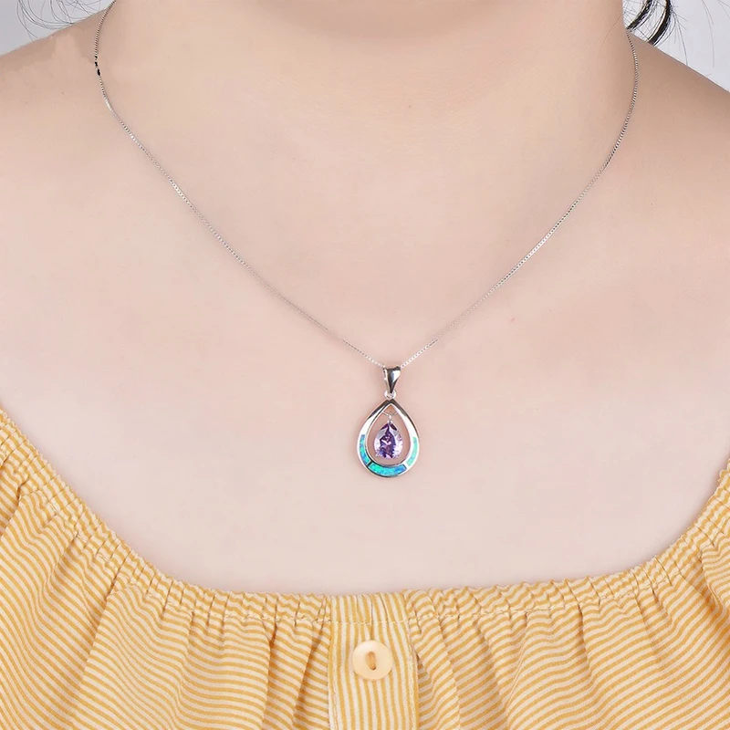 

Elegant Crystal Rhinstones Pendant Necklace Fashion Water Drop Shape Fire Opal Necklace Statement Jewelry girls Birthday Gift