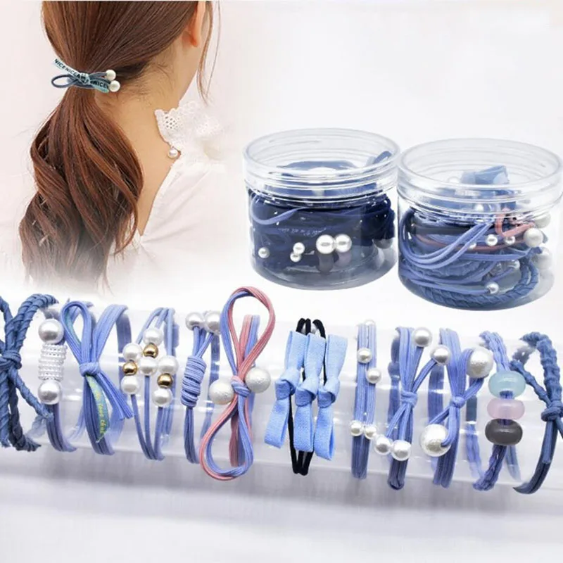 

Korea 12pcs/set Blue Pink Bowknot Simulated Pearl Elastic Hair Bands For Women Hair Accessories Ponytail Scrunchies