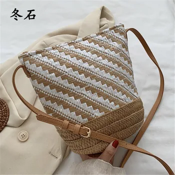 

New Women Bucket Straw Bag Vintage Handmade Woven Shoulder Bag BeachRattan Ladies Crossbody Bags Bohemian Summer Casual Bags
