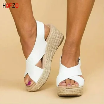 

HQFZO Hollow Out Hemp Rope Thick Bottom Sandals Women's Buckle Wedges Deep Toe Casual Sandals 2020 Heels 6cm Big Size