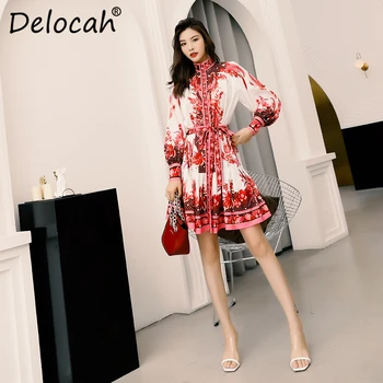 

Delocah 2020 Spring Summer Women Dress Runway Fashion Designer Lantern Sleeve Simple Bow Vintage Printed A-Line Slim New Dress