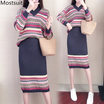 

Autumn Winter Knitted Striped Two Piece Sets Outfits Women V-neck Sweaters And Skirt Suits Fashion Elegant Korean Sets 2019