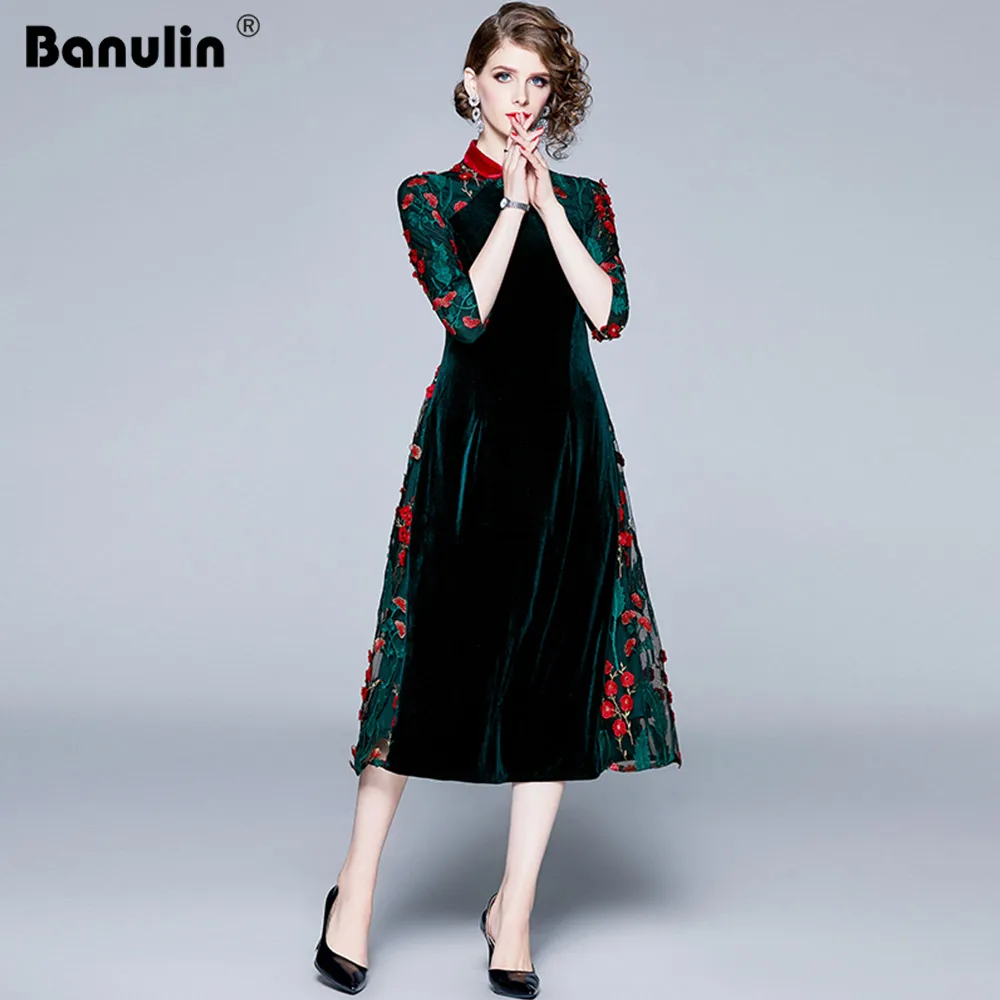 Banulin, осенне-зимнее платье миди, женское длинное бархатное платье с вышивкой и воротником-стойкой, женские вечерние платья с длинным рукавом