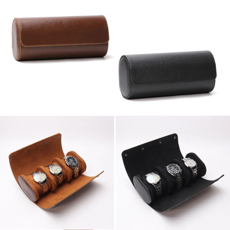 3 Slots Watch Roll Travel Case Chic Portable Vintage Leatherette Display Watch Storage Box with Slid in Out Watch Organizers