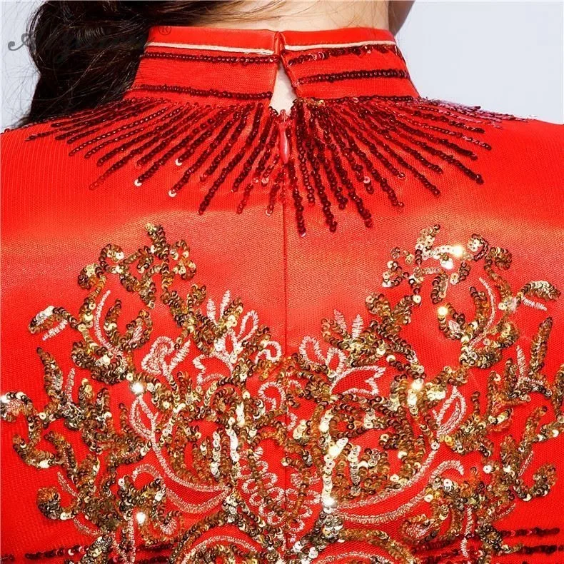 Красные Блестки Сексуальные Cheongsam современные элегантные китайские традиционные Вечерние Платья Восточный Стиль свадебное платье Мода Qipao Qi Pao