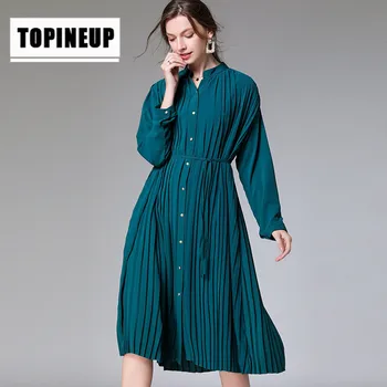 

New Spring Women's Elegant Lapel Solid color long sleeve Loose pleated waist long dress