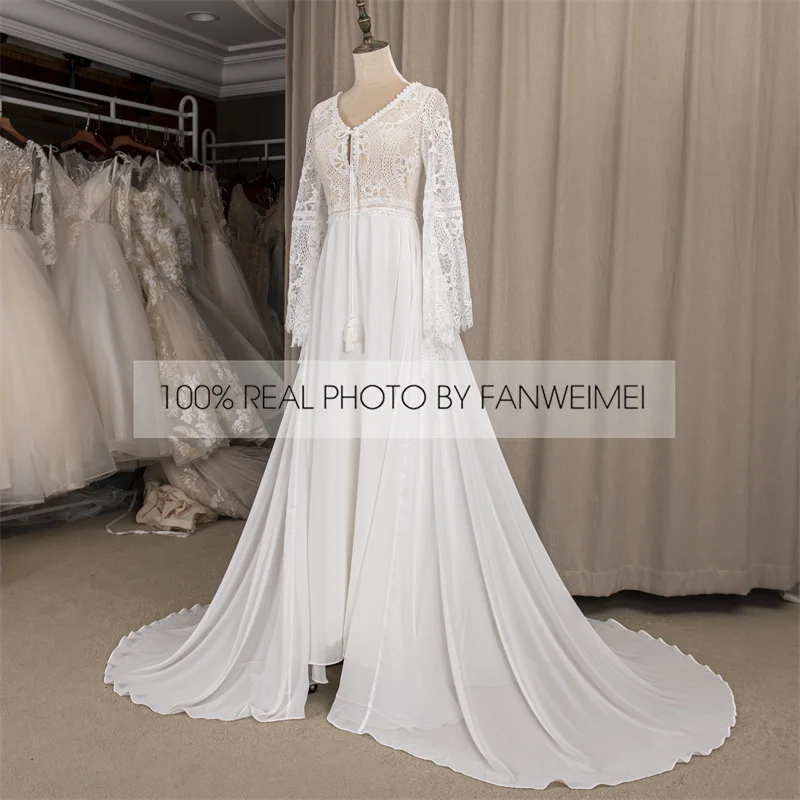 803#2021 New Design Long Lantern Sleeve Empire V-Neck Backless Small Train Beauty Backless Lace Boho Beach Wedding Dresses Women modest wedding dresses