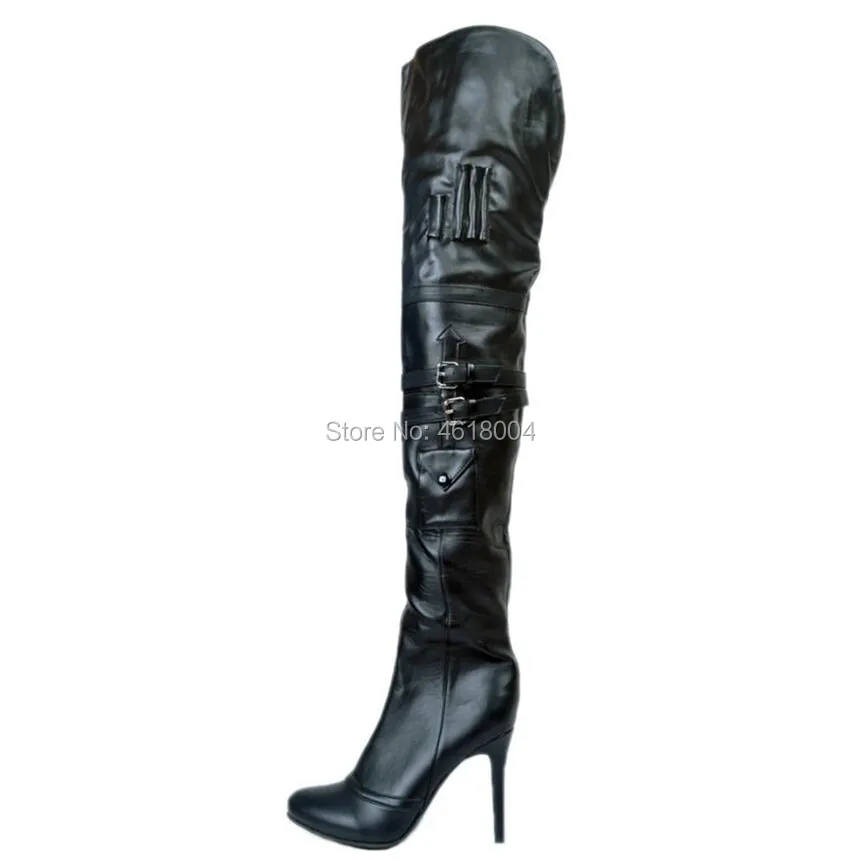 KALMALL Botines Mujer; женские черные сапоги до бедра; Сапоги выше колен с острым носком на высоком каблуке; Женская обувь в байкерском стиле