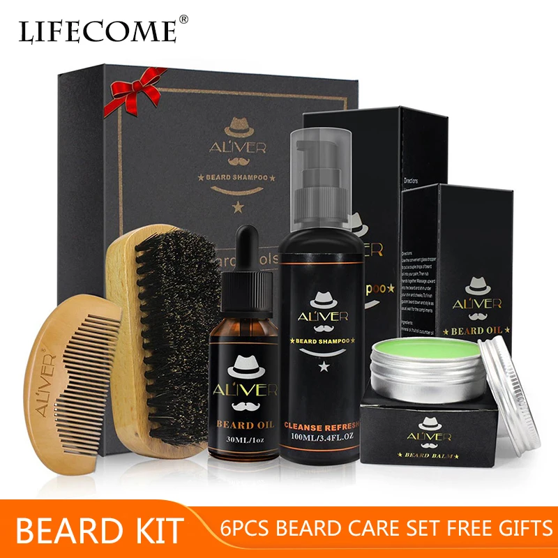 5 pcs beard set ALIVER 7 шт./компл. Для мужчин борода комплект инструмент для укладки волос бороды Bib фартуки бальзам масло для бороды гребень увлажняющий воск для укладки волос Ножницы Уход за бородой комплект - Цвет: 5 pcs beard set