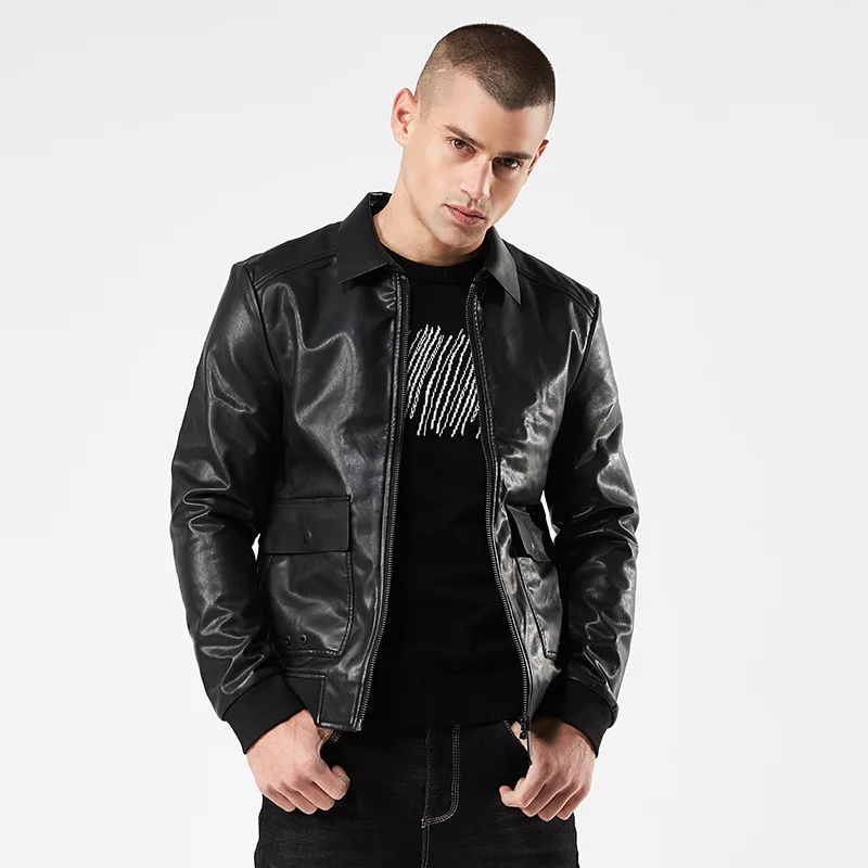 

2018 Spring And Autumn New Style Spring Fold-down Collar MEN'S PU Jacket Europe And America Slim Fit Short Locomotive Leather Co