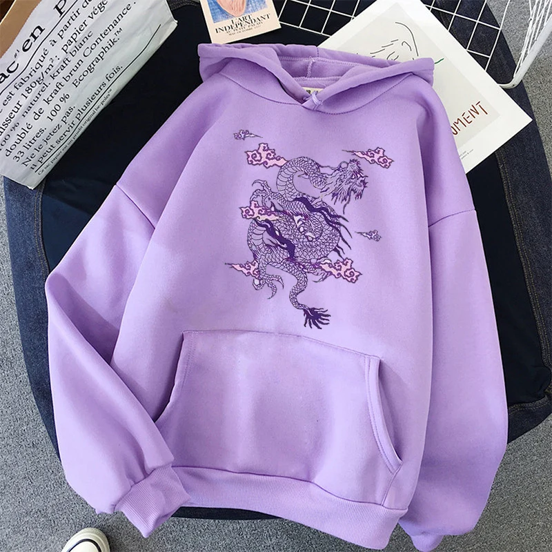 Estampado de dragón suéter con capucha para mujer, tops Kawaii de Hip hop Harajuku de gran tamaño, ropa para mujer