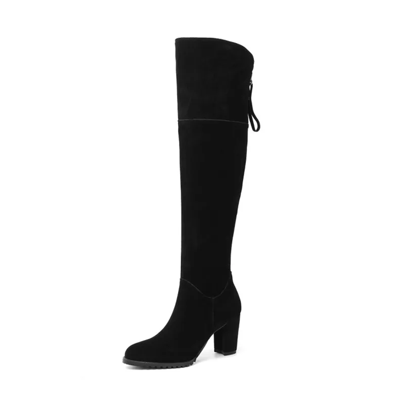 FEDONAS/черные Брендовые женские Сапоги выше колена из натуральной кожи; зимняя женская обувь на высоком каблуке с молнией; большие размеры - Цвет: heiseniufanpi