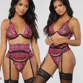 

Sexy Lingerie Women Flowe Lace Embroidery Bra Panties Garter Underwear 3-piece Set Women Sleep Wear Transparent Bra Set 2020