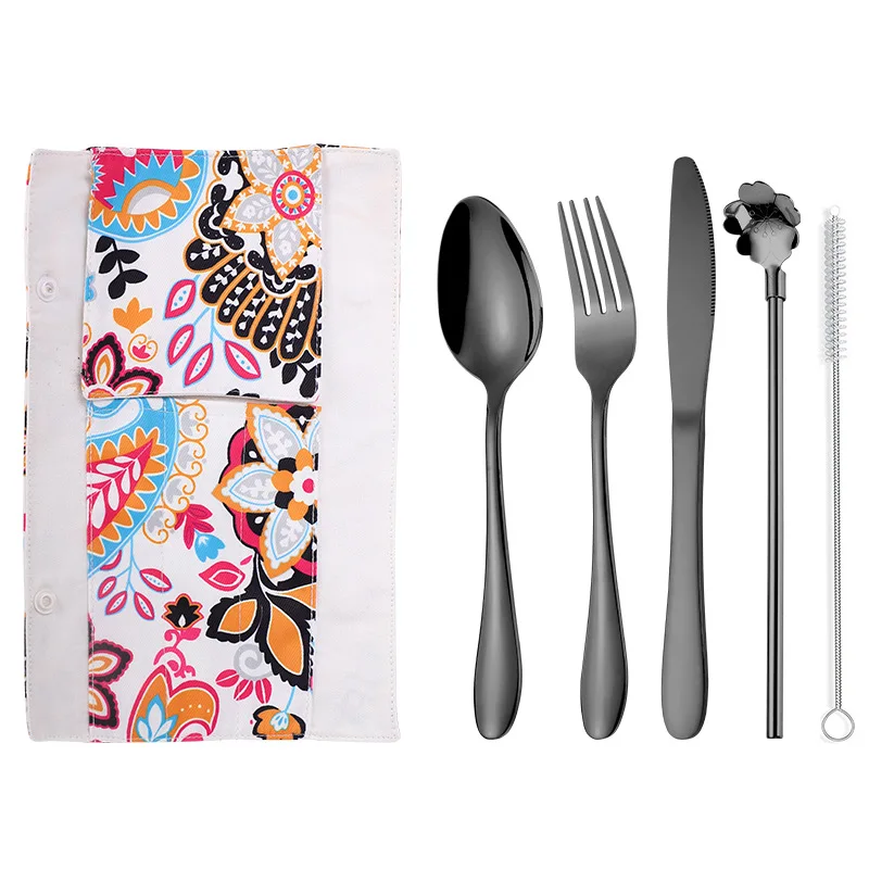 black cutlery Набор посуды для путешествий, кемпинга, столовые приборы, набор посуды, кухонные вилки, ножи, ложки, пипетка, ложка для школы, портативные столовые приборы - Цвет: black cutlery