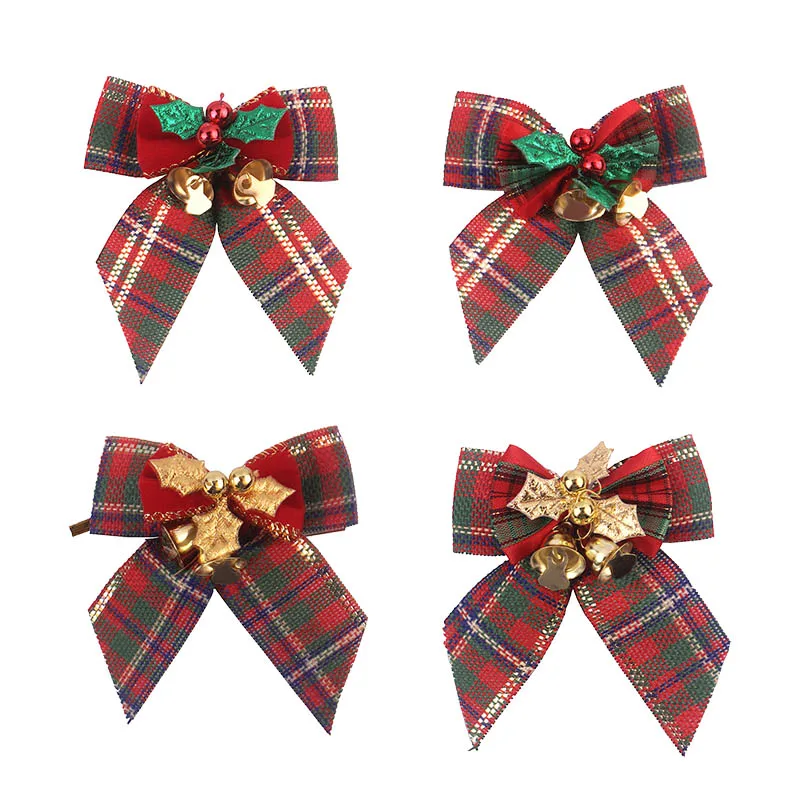 8*8cm Christmas Bow With Mini Bells Christmas Tree Grid Bowknot Ornament for Xmas New Year Party DIY Gift Wrapping Decoration 8z