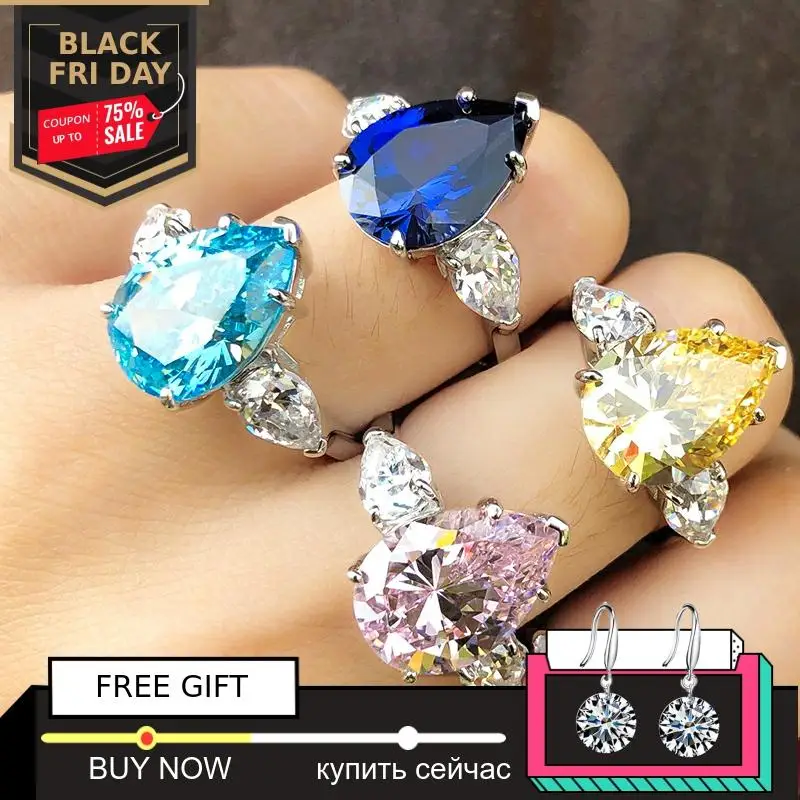 

NOT FAKE 5 Carat pear Cut 14*10mm S925 Sterling Silver Ring SONA solitaire Fine Ring citrine sapphire amethyst ruby