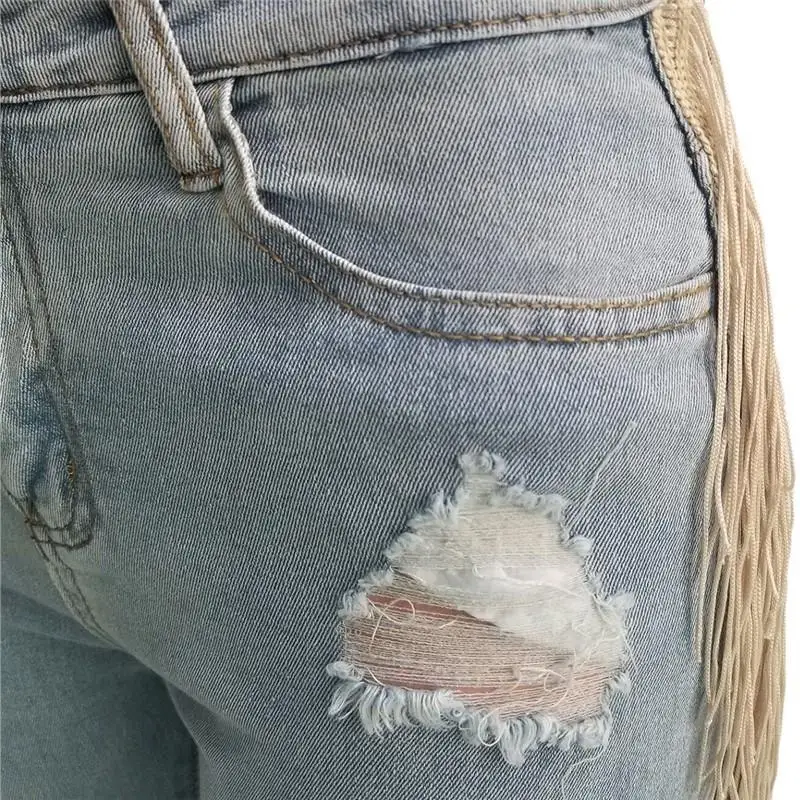 Женские джинсы с дырками размера плюс, модные джинсовые узкие брюки с высокой талией, повседневные женские джинсы с кисточками