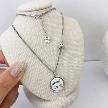 

POFUNUO 925 Sterling Silver Women Good Luck Necklaces Classic Vintage Smile Face Charm Pendant Necklace Curb Chain Niche Chokers