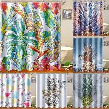 

180x180cm Pineapple Polyester Shower Curtain Waterproof Anti Mildew Shower Bath Curtain Hooks Set Quick Dry Cloth Bathroom