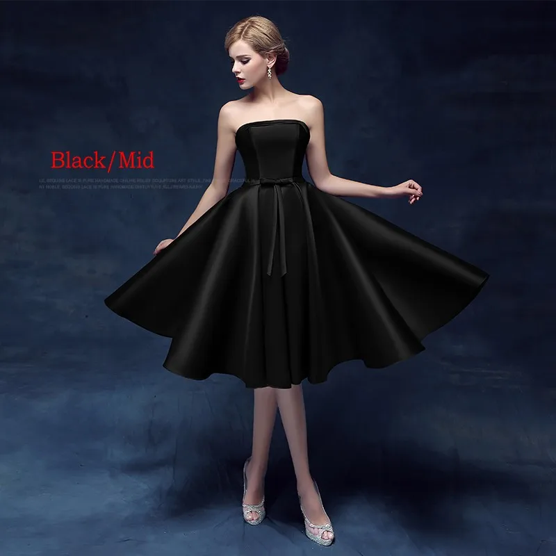 BLACK-MID Erosebridal атласное вечернее платье без бретелек для женщин, простой дизайн, длинное вечернее кружевное платье, длинное/Середина/короткое - Цвет: BLACK-MID
