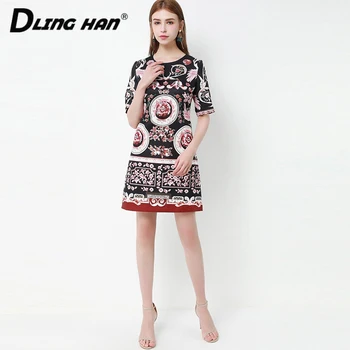 

LINGHAN Fashion Print Mini Dress Women's Elegant Short Sleeve Diamond O-Neck Party Dresses Designer Spring Summer New