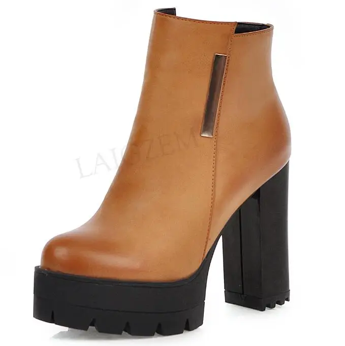 LGZ784 Yellow LAIGZEM/; Botines Mujer; женские ботинки из искусственной кожи; короткие ботинки на платформе и не сужающемся книзу массивном каблуке и молнии; Bota; женская обувь; большие размеры 33-48 - Цвет: LGZ784 Yellow
