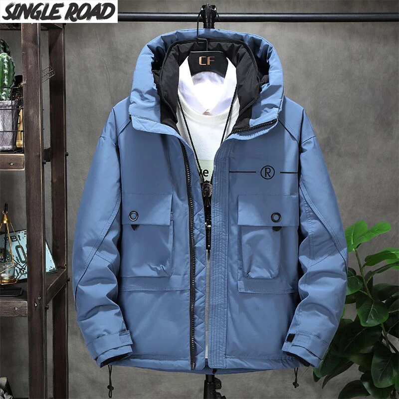 SingleRoad, зимняя куртка для мужчин, новинка, с карманами, уличная одежда, теплые куртки на утином пуху, повседневное пальто, Мужская ветровка с капюшоном, верхняя одежда для мужчин