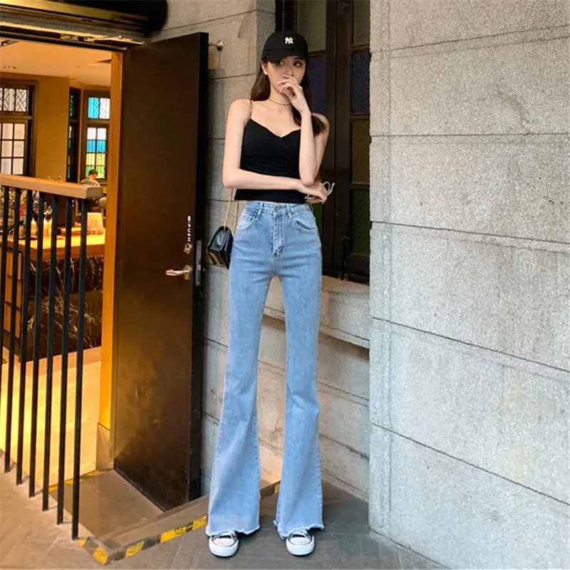 

Femme Jeans Spring Summer New Retro Solid Color All-match Button Zipper High Waist Mopping Denim Flared Trousers ZM122