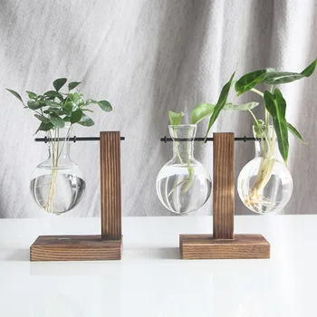 

Glass and Wood Vase Planter Terrarium Table Desktop Hydroponics Plant Bonsai Flower Pot Hanging Pots with Wooden Tray Home Decor