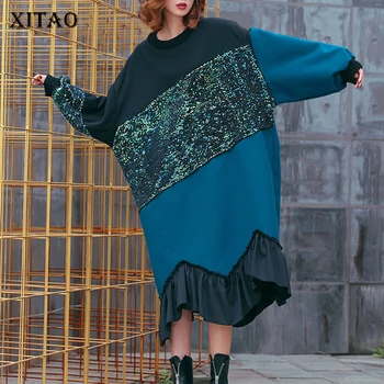 

XITAO Female Patchwork Sequined Mid-calf Dress Women 2019 Winter Korea Fashion New O-neck Full Sleeve Loose Dress LYH2387