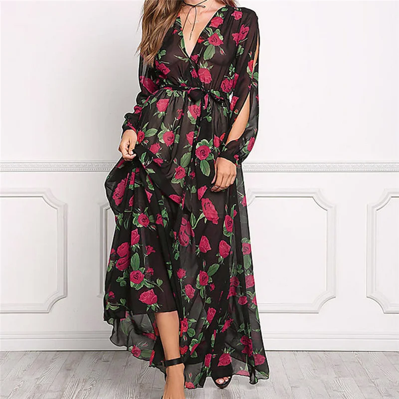 

Spring Autumn Dress Women Fashion Plus Size Chiffon Printed Belt Elasticated Lace Long Sleeve V-neck Dress Sexy Elegant Vestidos