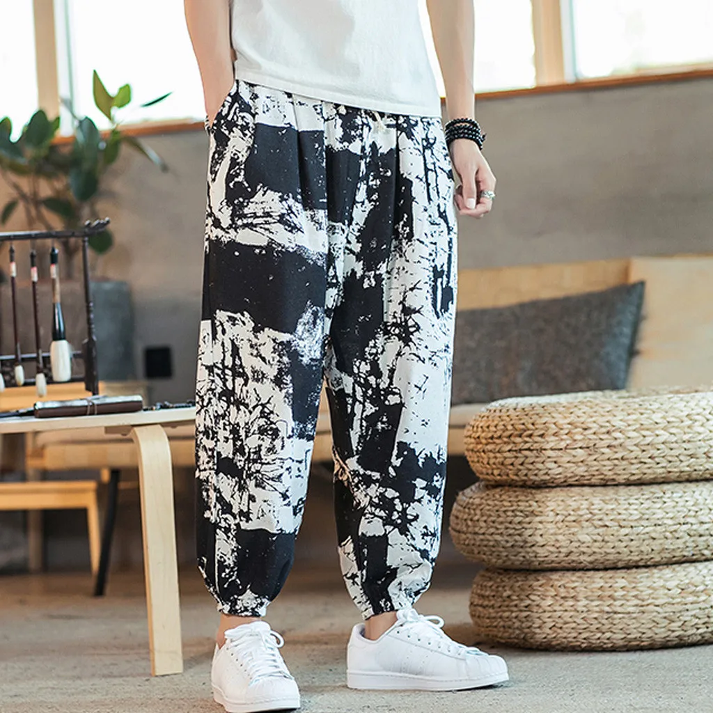 Trousers Men's Casual Vintage Style Loose Cotton Linen Printing Patchwork Lantern Pant Mens Pants Fashions Men Joggers Pants