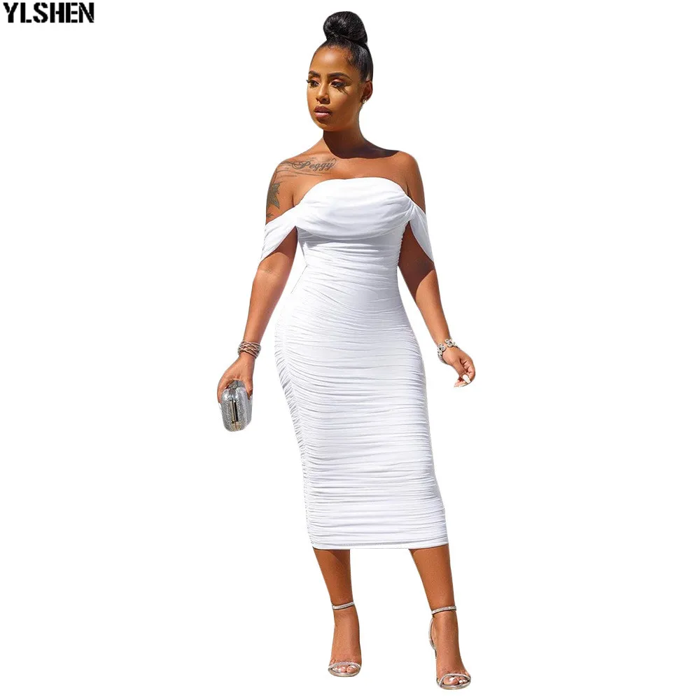 White Bodycon Africa Dress African Dresses for women Sexy Off-shoulder Fold Pencil Party Maxi Dress Evening Clothing for Lady 06