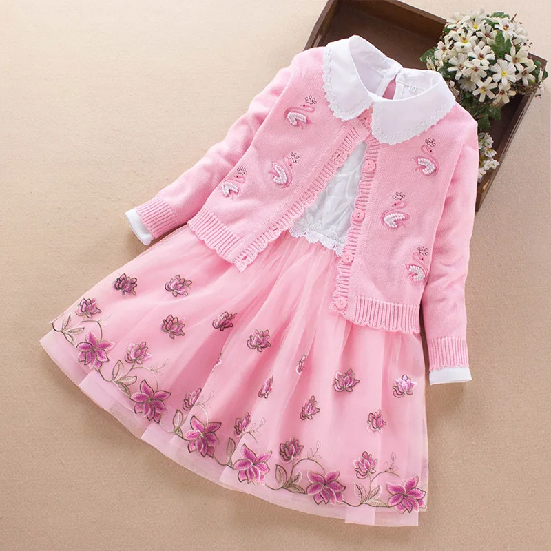 

Girls Christmas Sweater Dress 2pcs Clothing Set 2020 Autumn Children Princess Flower Mesh Dress Sweater Clothes Set