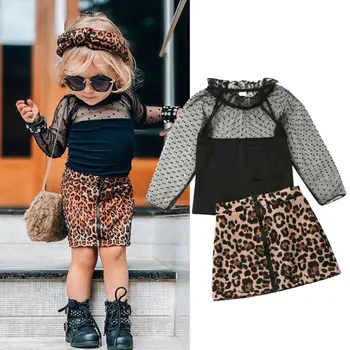 

Toddler Girl Clothes Set Kids Baby Infant Clothing Girls Lace T-shirt Tops Leopard Print Skirts Dress Fall Outfit Set