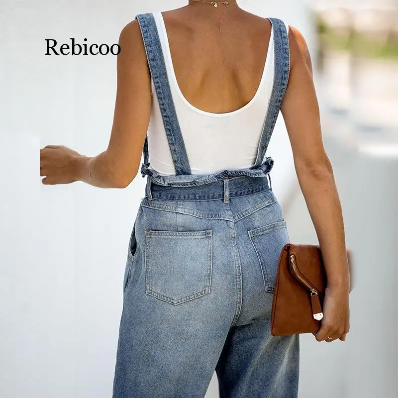 Suspender Jumpsuit Spaghetti Strap Romper Jeans Denim Pants Ruffles Tie Metal Buckle Overalls Bandage High Waist Trousers Suspender Jumpsuit Spaghetti Strap Romper Jeans Denim Pants Ruffles Tie Metal Buckle Overalls Bandage High Waist Trousers