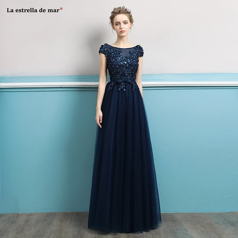 Vestido de madrinha azul Черпак шеи 3D цветок кружева кепки рукав трапециевидной формы темно синие платья подружки невесты длинное свадебное платье для гостей